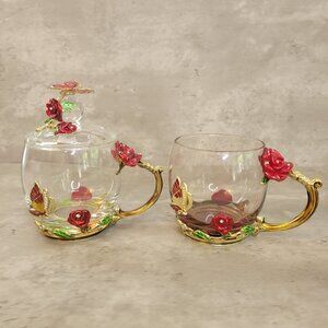 Fancy Tea Cup Coffee Mug Glass Enameled Rose Flower Crystals Butterfly Red